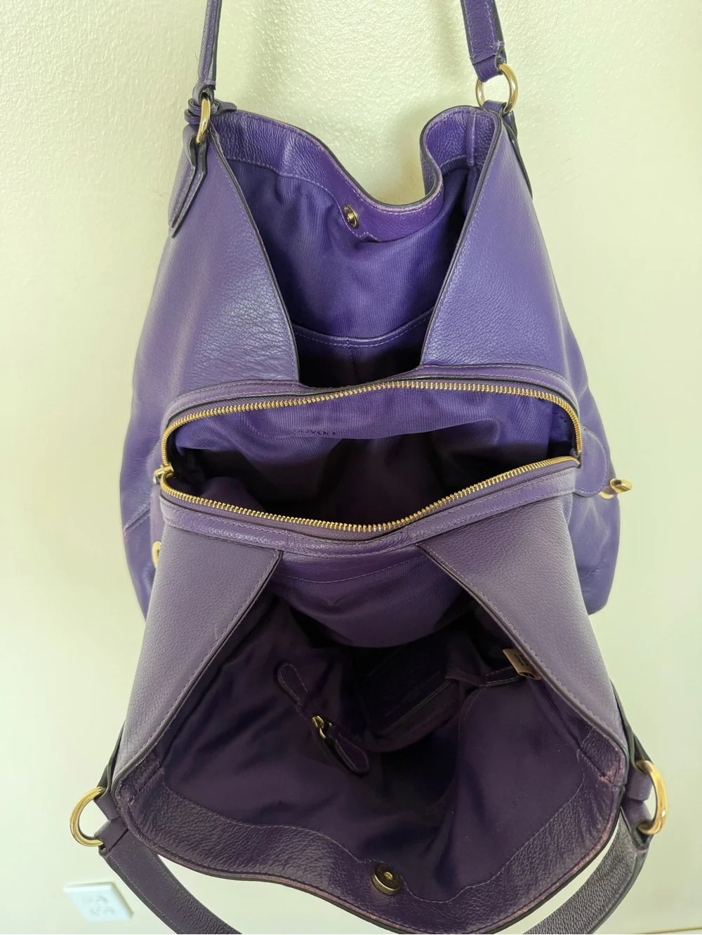 COACH Edie Turnlock Purple Gold Large Pebbled Leather Triple Hobo Shoulder Bag